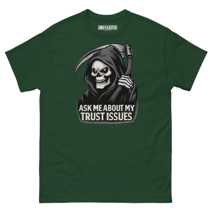 Ask Me About My Trust Issues Grim Reaper Halloween shirt in forest green, front view