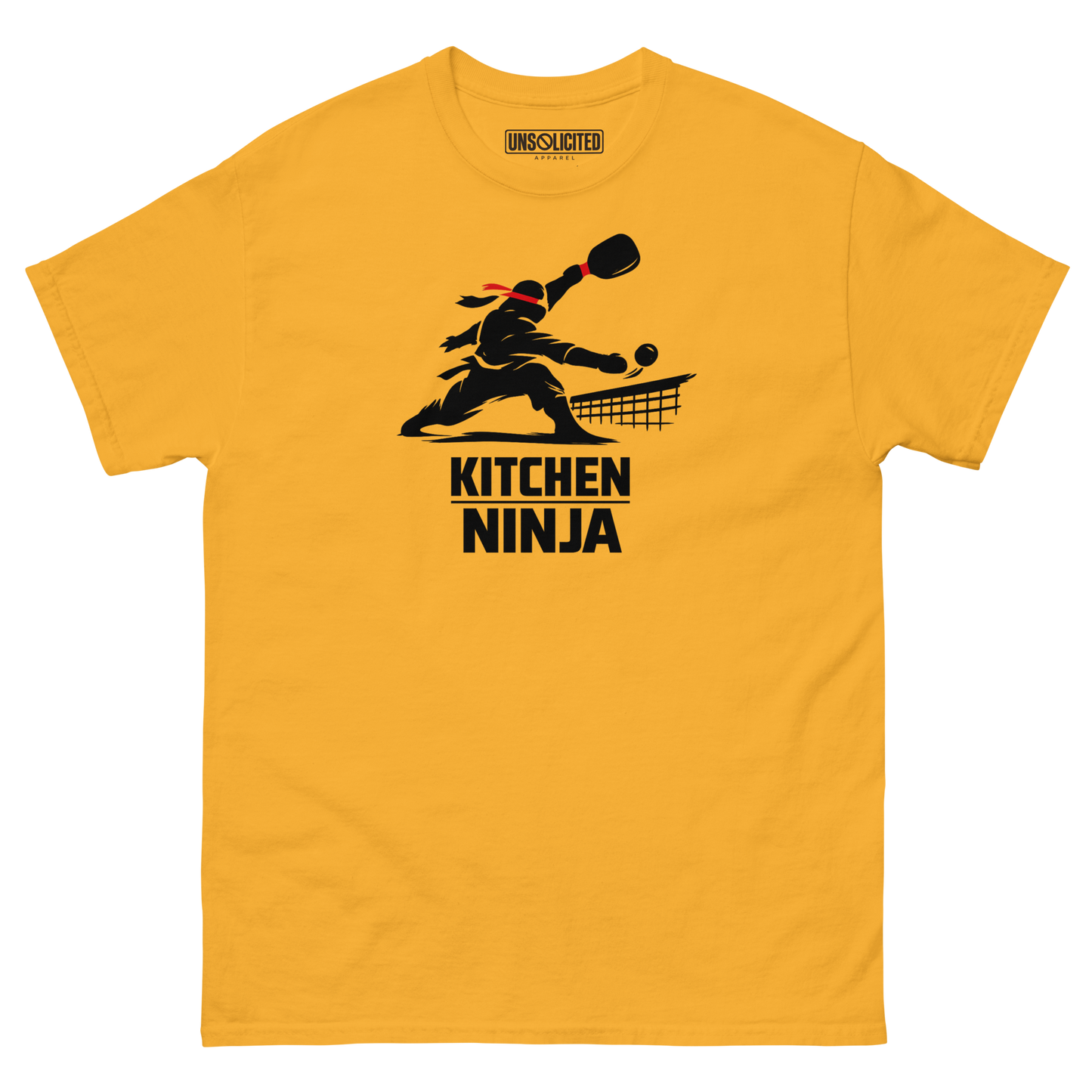 Kitchen Ninja funny pickleball shirt in Gold, front view
