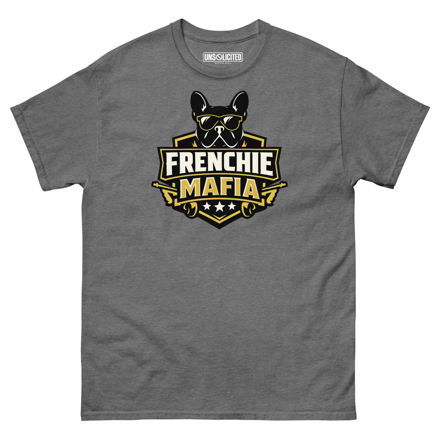 Frenchie Mafia funny French Bulldog shirt in Graphite Heather, front view