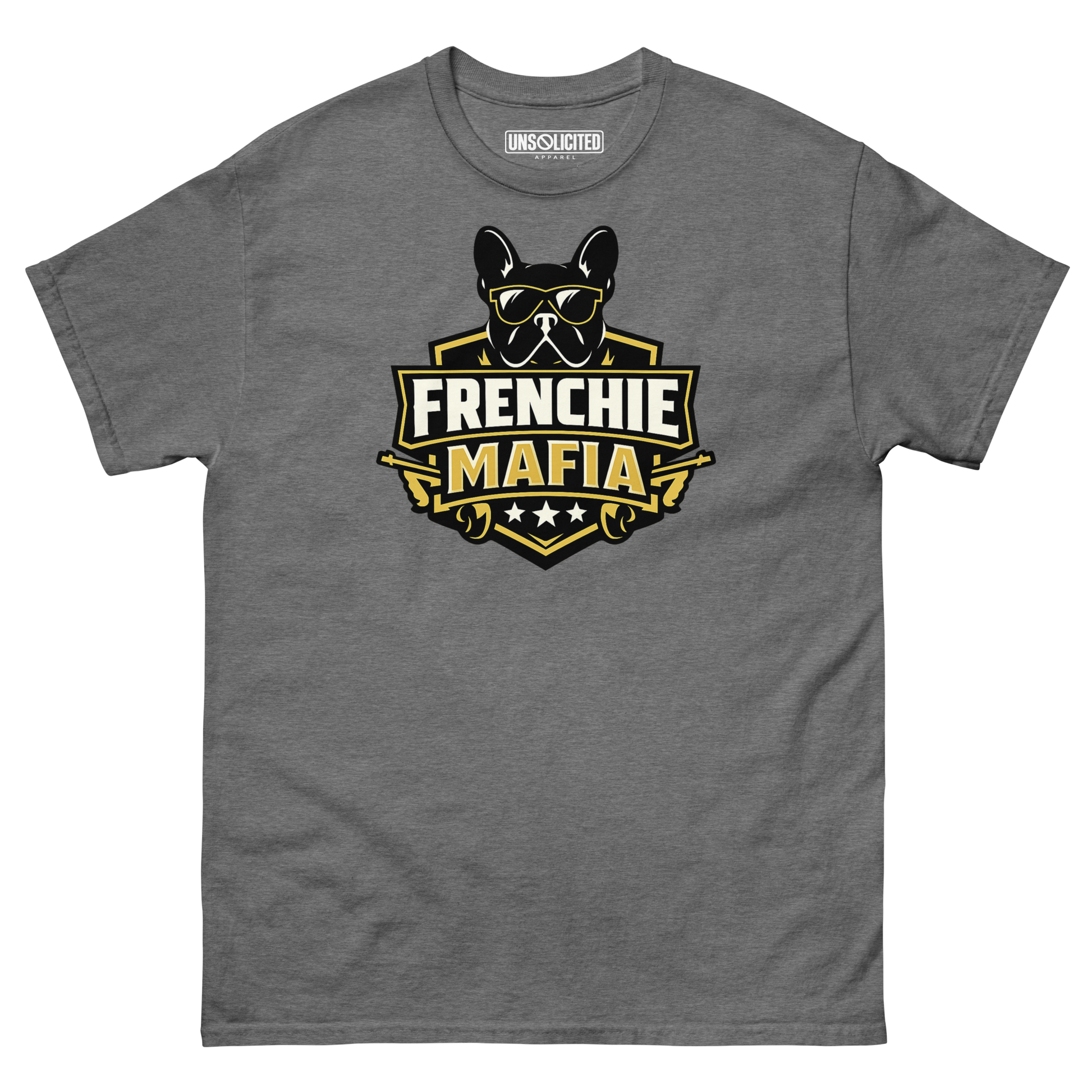 Frenchie Mafia funny French Bulldog shirt in Graphite Heather, front view
