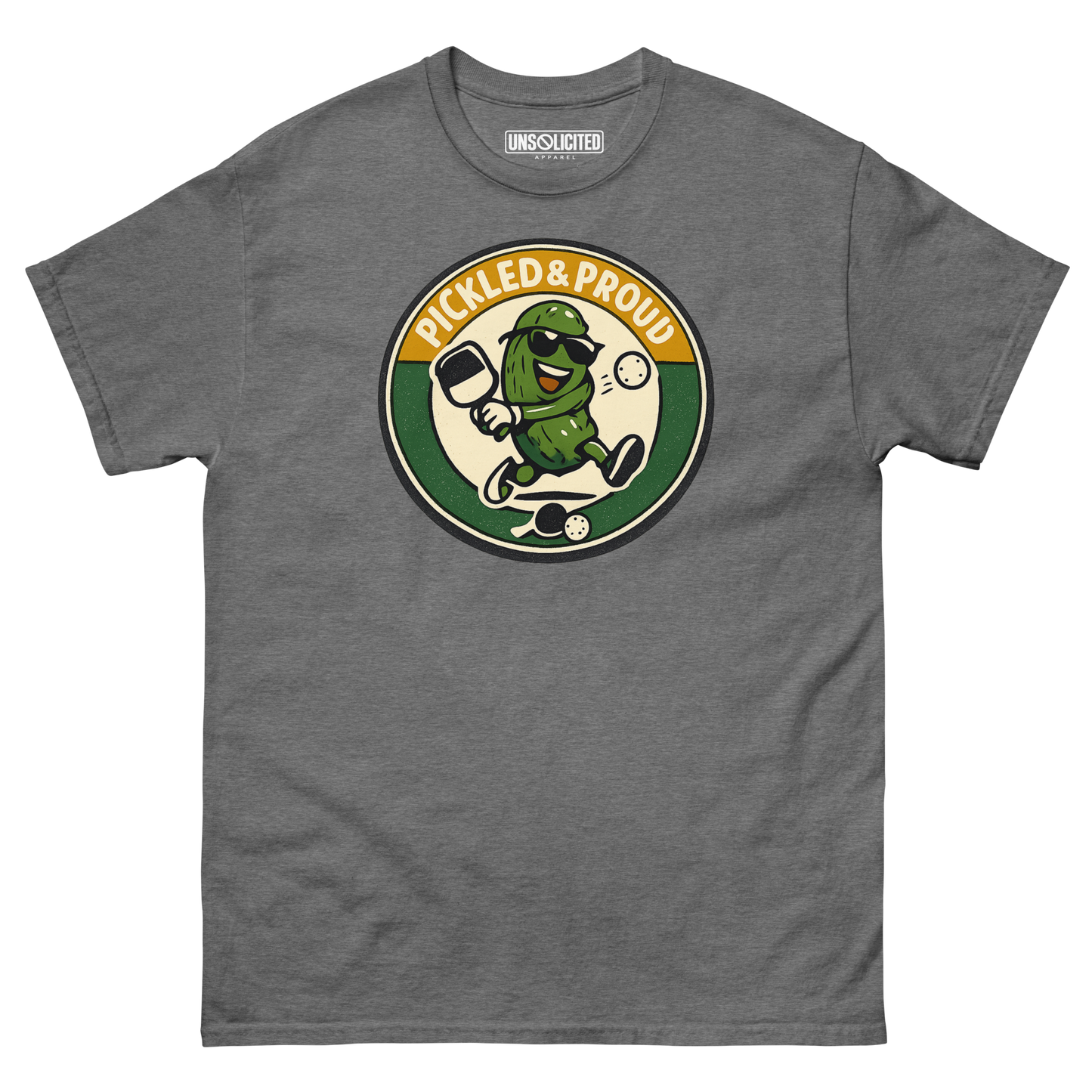 Pickled & Proud retro pickleball shirt in Graphite Heather, front view