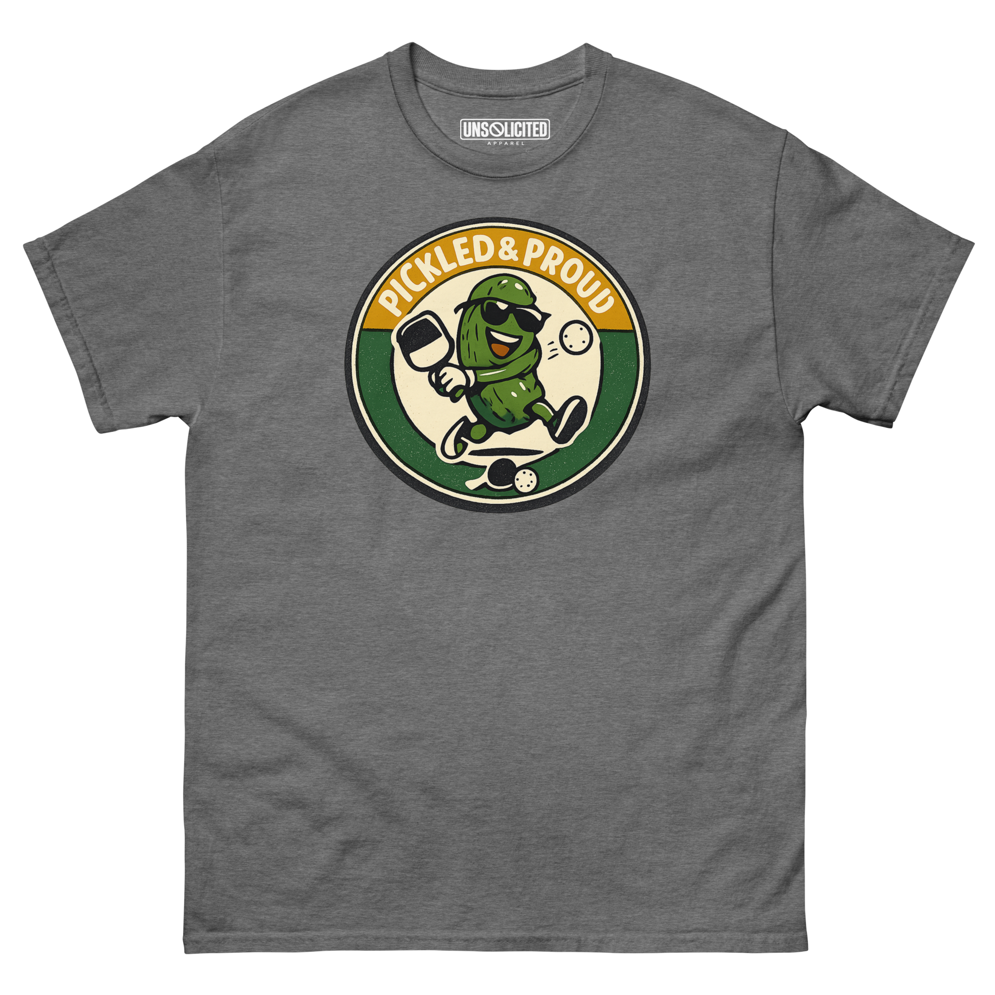 Pickled & Proud retro pickleball shirt in Graphite Heather, front view