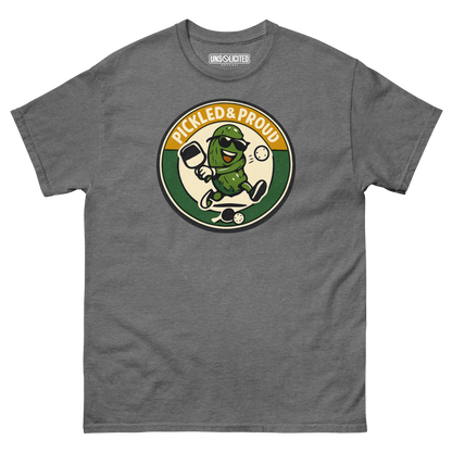 Pickled & Proud retro pickleball shirt in Graphite Heather, front view