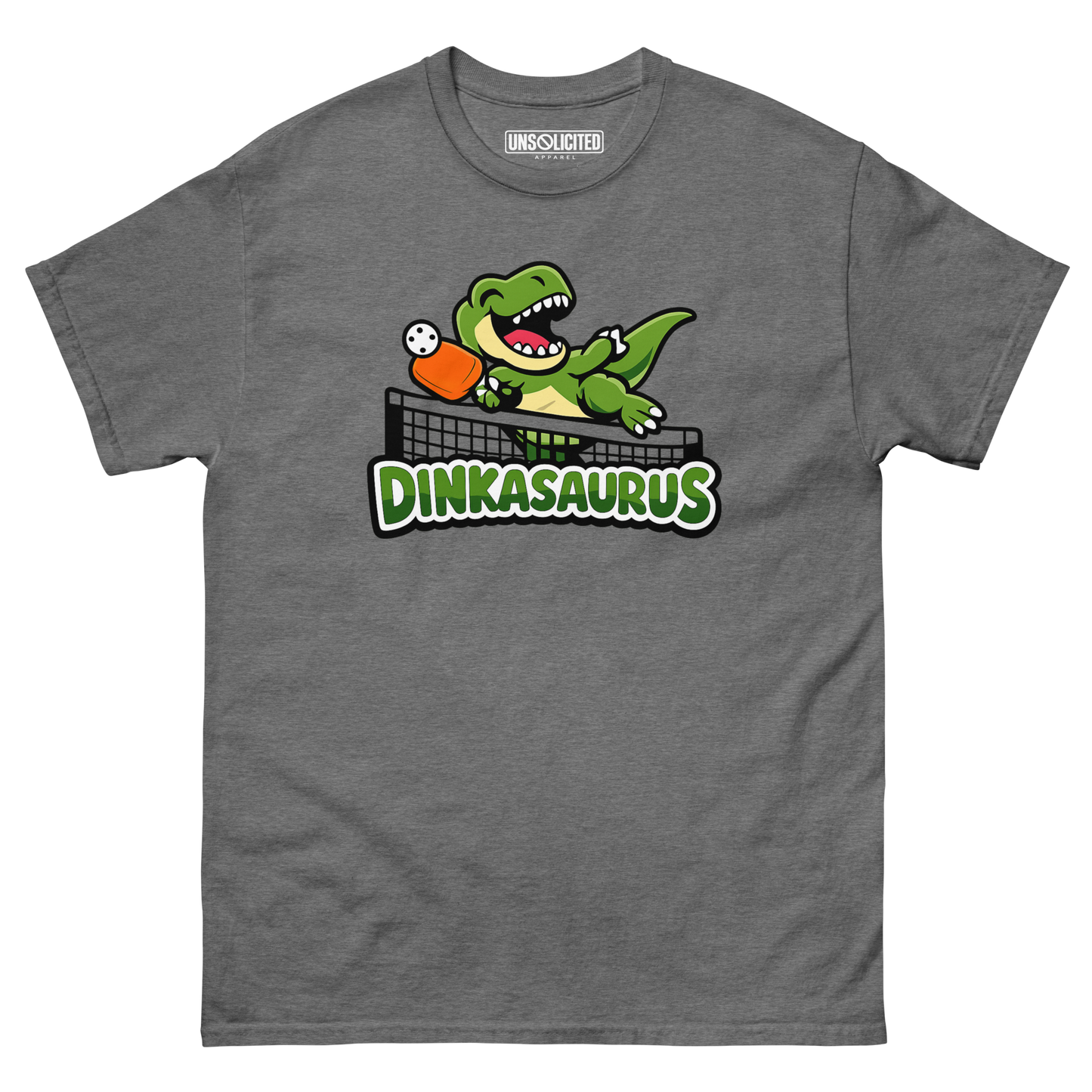 Dinkasaurus funny pickleball dinosaur shirt in Graphite Heather, front view