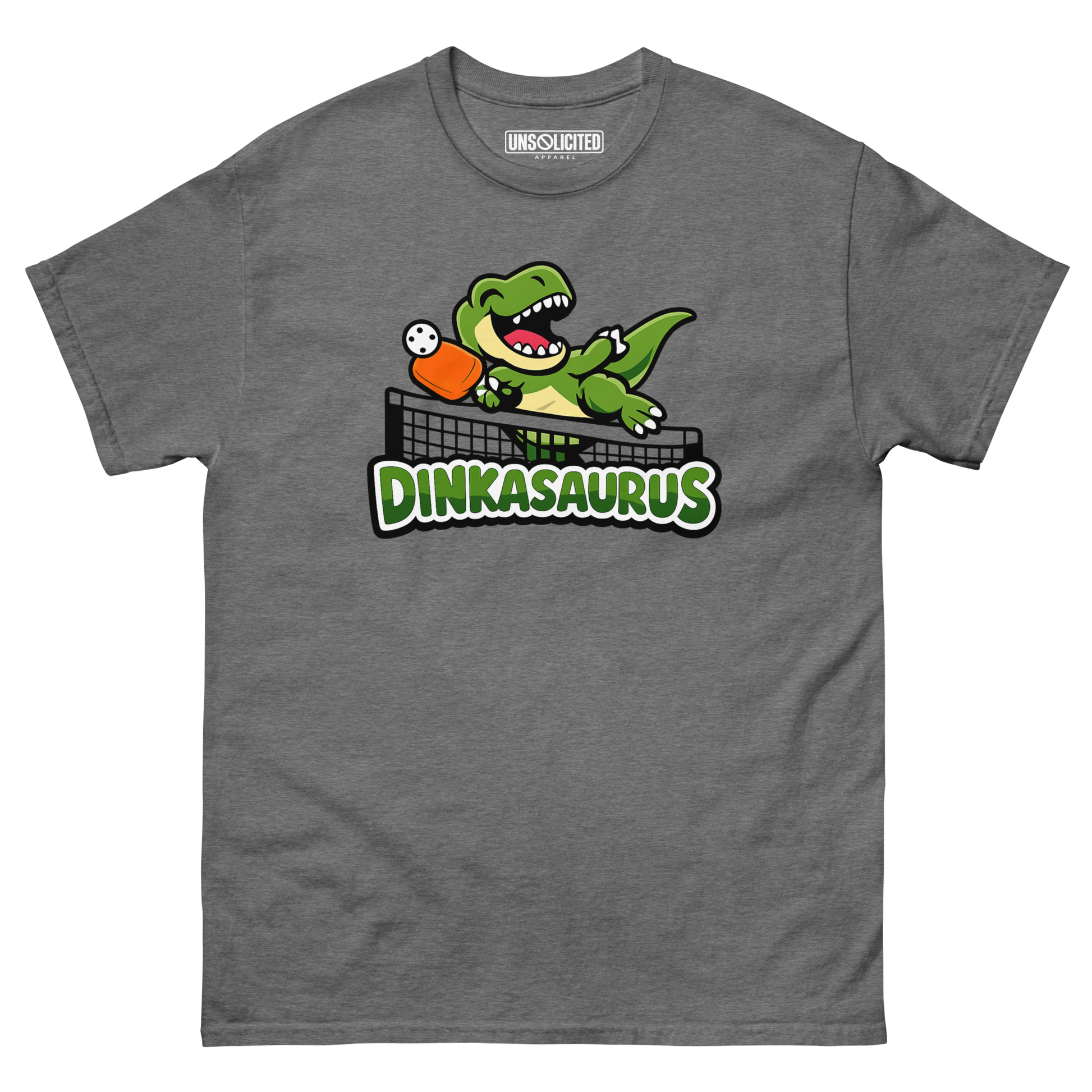 Dinkasaurus funny pickleball dinosaur shirt in Graphite Heather, front view