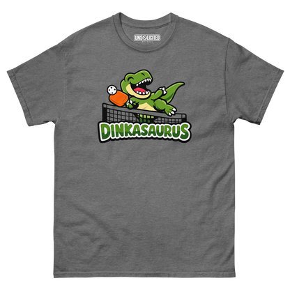 Dinkasaurus funny pickleball dinosaur shirt in Graphite Heather, front view