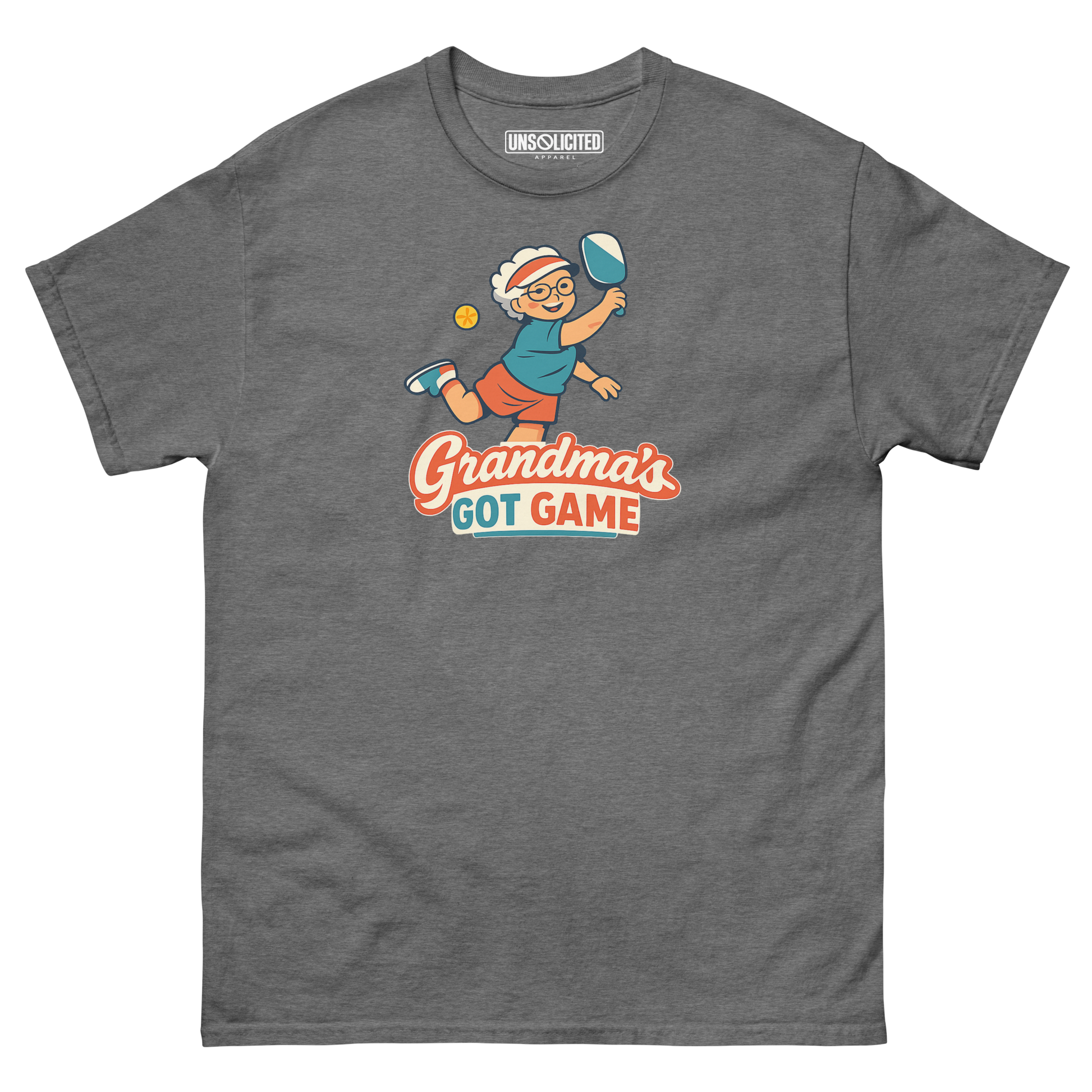 Grandma's Got Game funny pickleball shirt in Graphite Heather, front view
