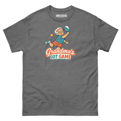 Grandma's Got Game funny pickleball shirt in Graphite Heather, front view
