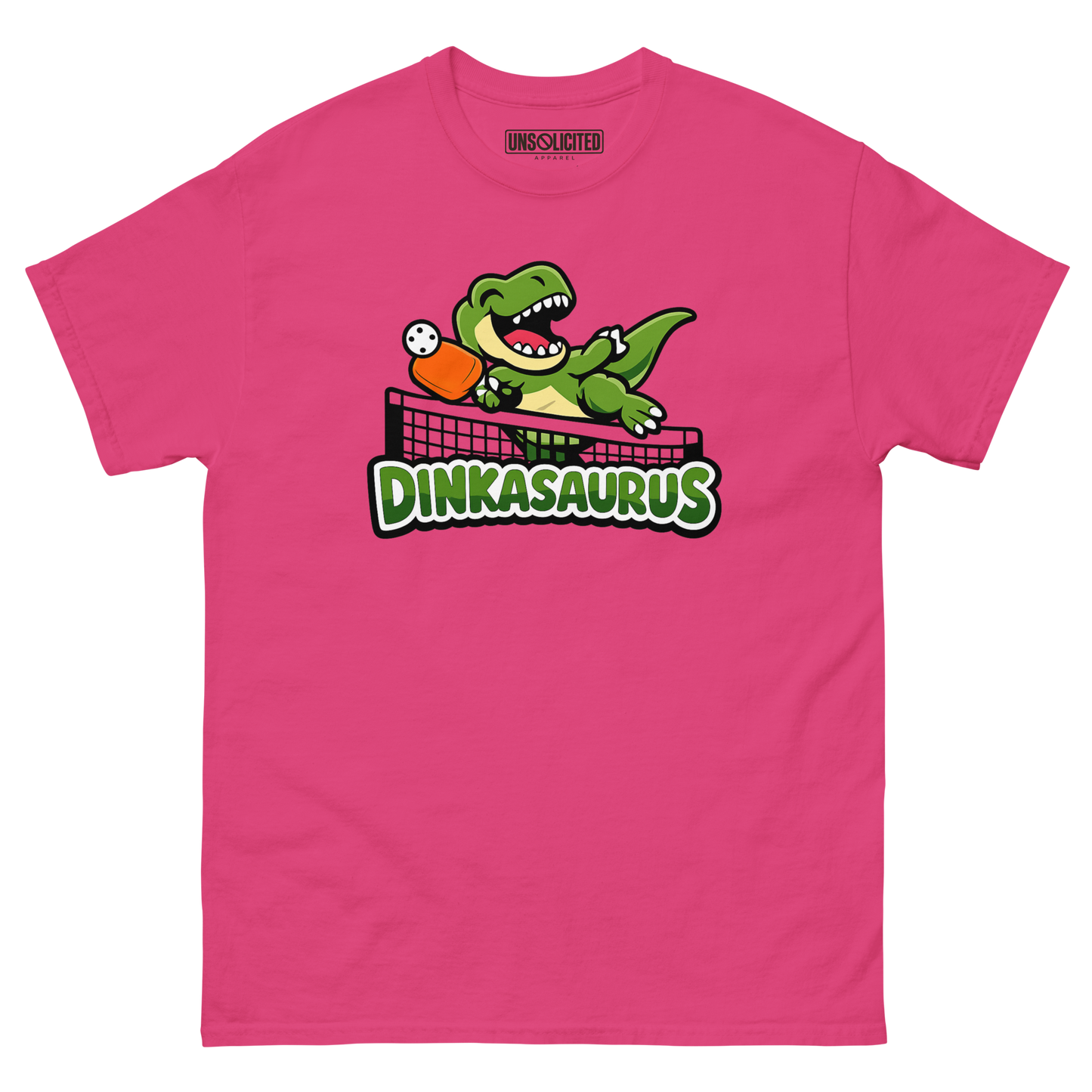 Dinkasaurus funny pickleball dinosaur shirt in Heliconia pink, front view