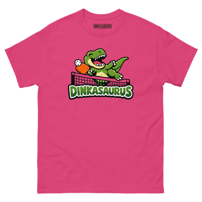 Dinkasaurus funny pickleball dinosaur shirt in Heliconia pink, front view