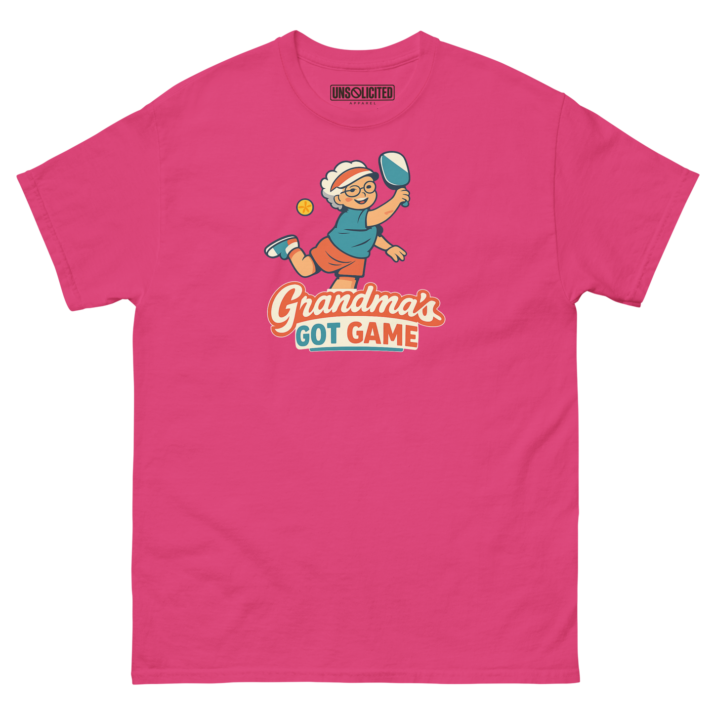 Grandma's Got Game funny pickleball shirt in Heliconia pink, front view