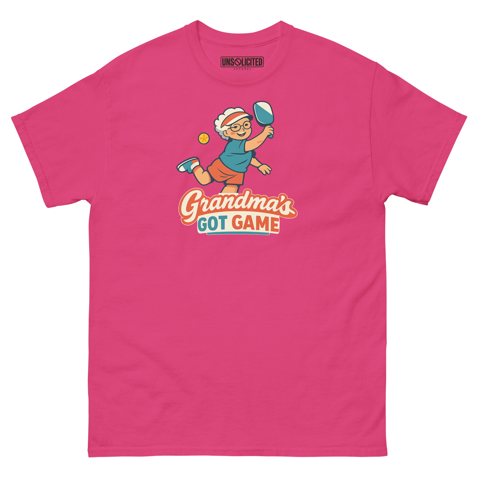 Grandma's Got Game funny pickleball shirt in Heliconia pink, front view