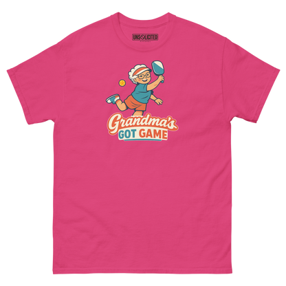 Grandma's Got Game funny pickleball shirt in Heliconia pink, front view