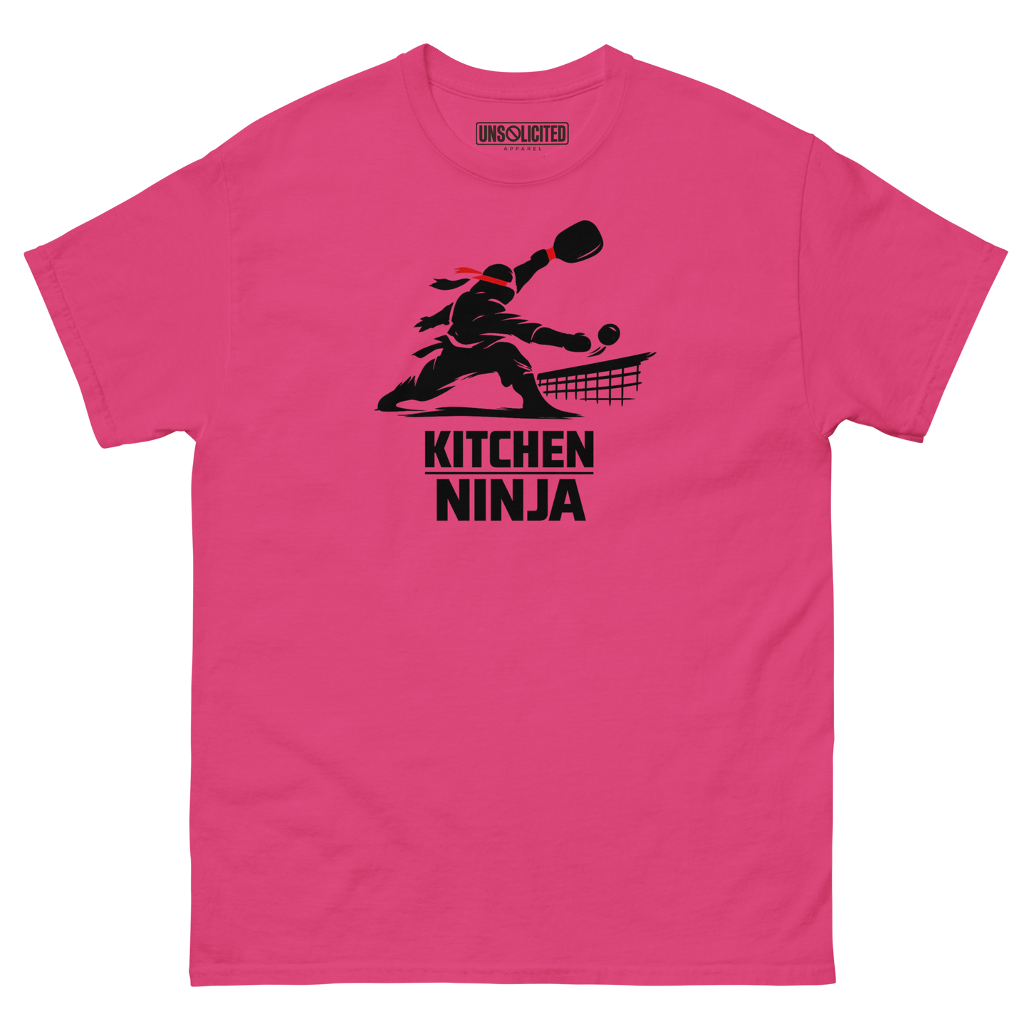Kitchen Ninja funny pickleball shirt in Heliconia pink, front view