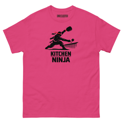 Kitchen Ninja funny pickleball shirt in Heliconia pink, front view