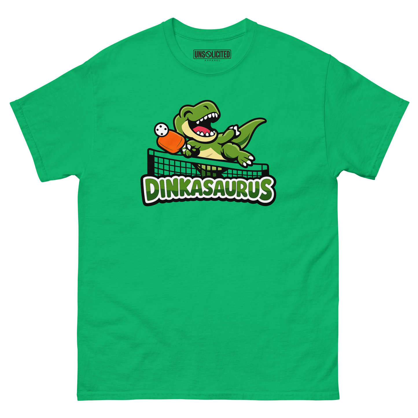 Dinkasaurus funny pickleball dinosaur shirt in Irish Green, front view