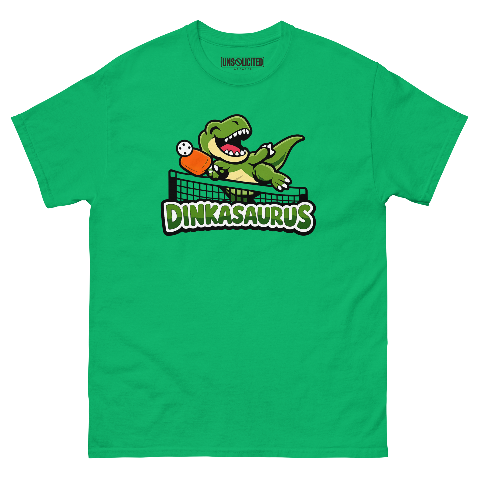 Dinkasaurus funny pickleball dinosaur shirt in Irish Green, front view