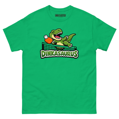 Dinkasaurus funny pickleball dinosaur shirt in Irish Green, front view