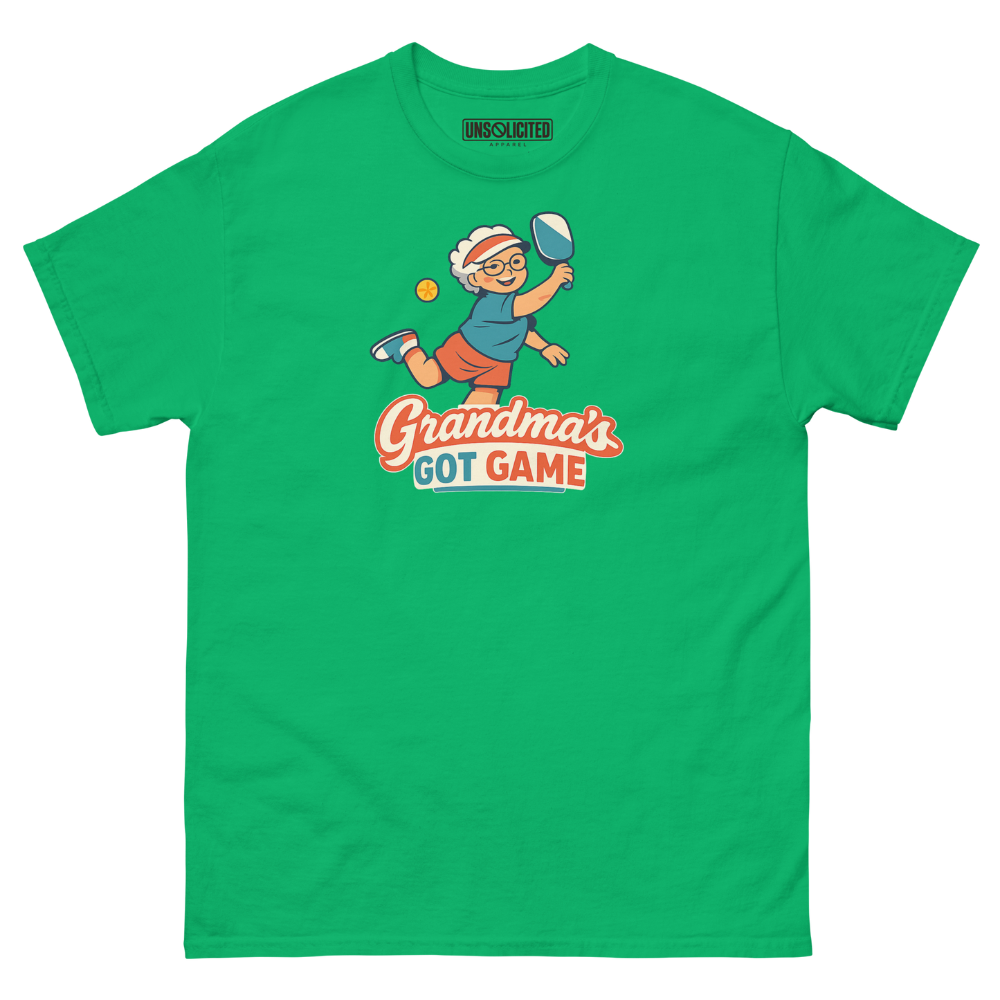 Grandma's Got Game funny pickleball shirt in Irish Green, front view