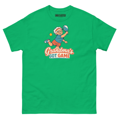 Grandma's Got Game funny pickleball shirt in Irish Green, front view