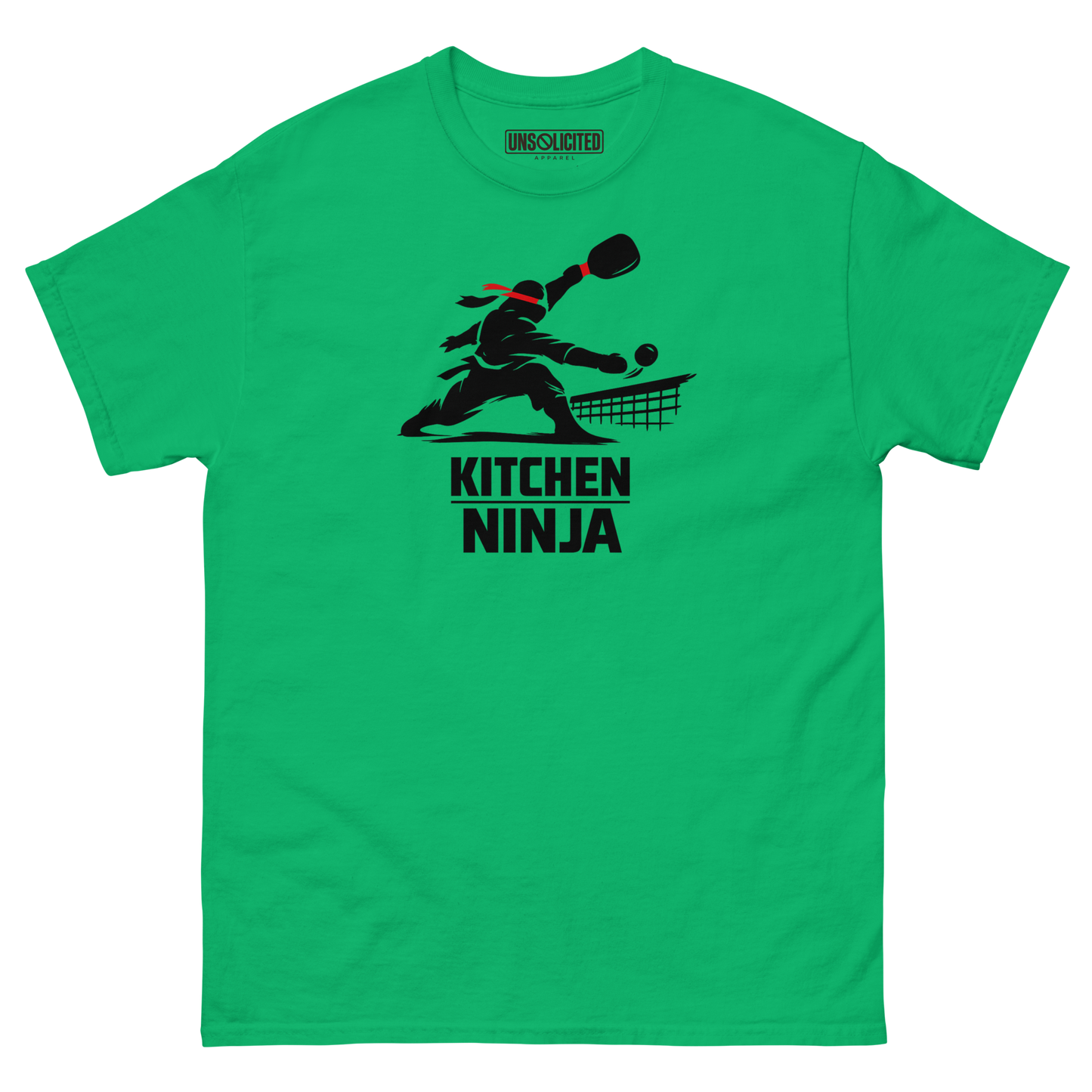 Kitchen Ninja funny pickleball shirt in Irish Green, front view
