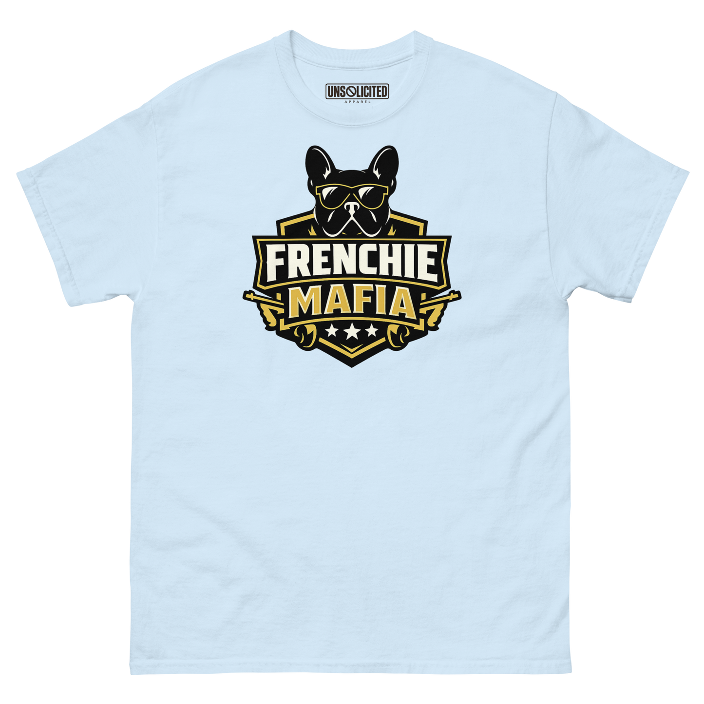 Frenchie Mafia funny French Bulldog shirt in Light Blue, front view