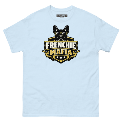 Frenchie Mafia funny French Bulldog shirt in Light Blue, front view