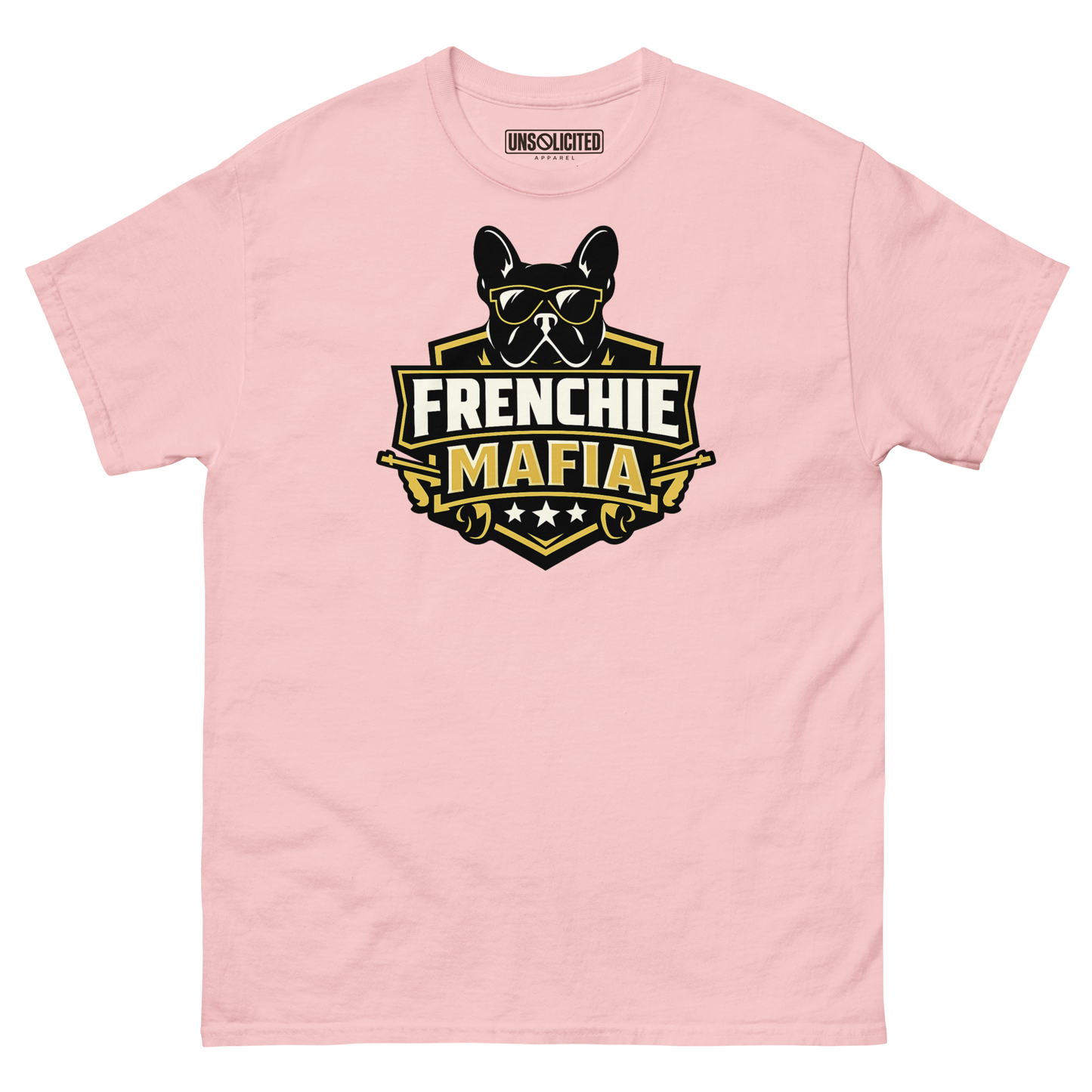 Frenchie Mafia funny French Bulldog shirt in Light Pink, front view