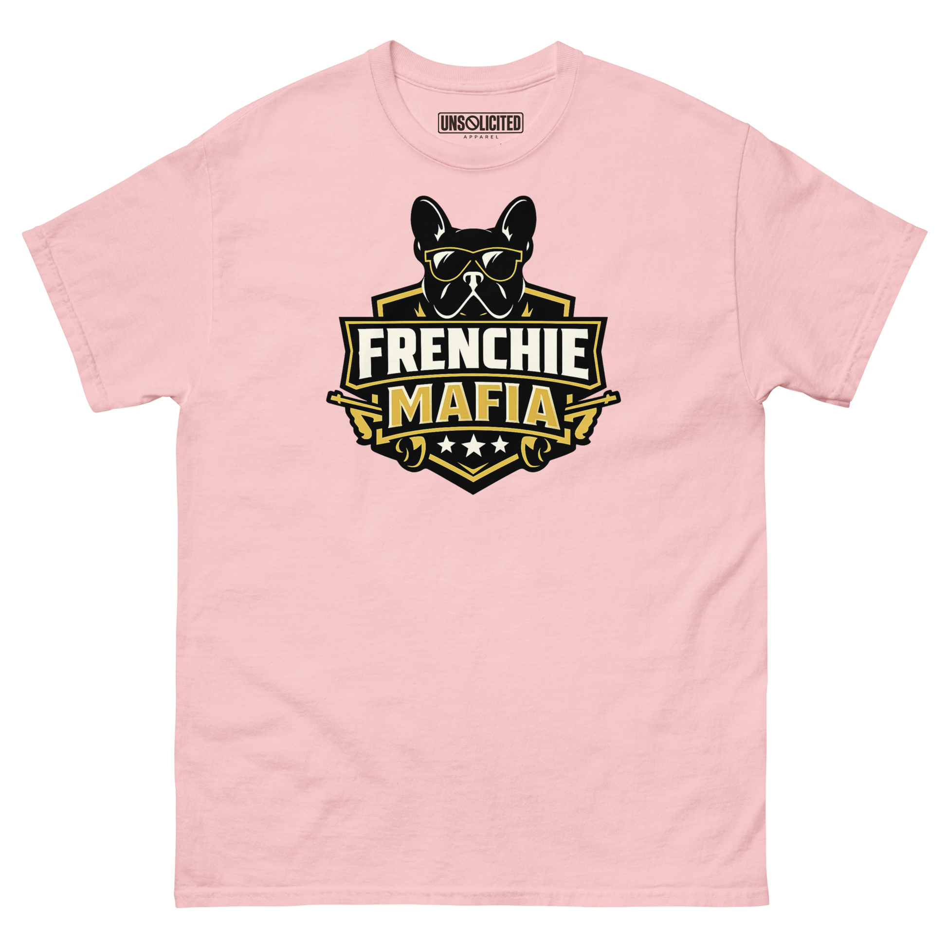 Frenchie Mafia funny French Bulldog shirt in Light Pink, front view