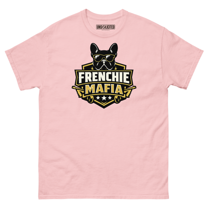 Frenchie Mafia funny French Bulldog shirt in Light Pink, front view