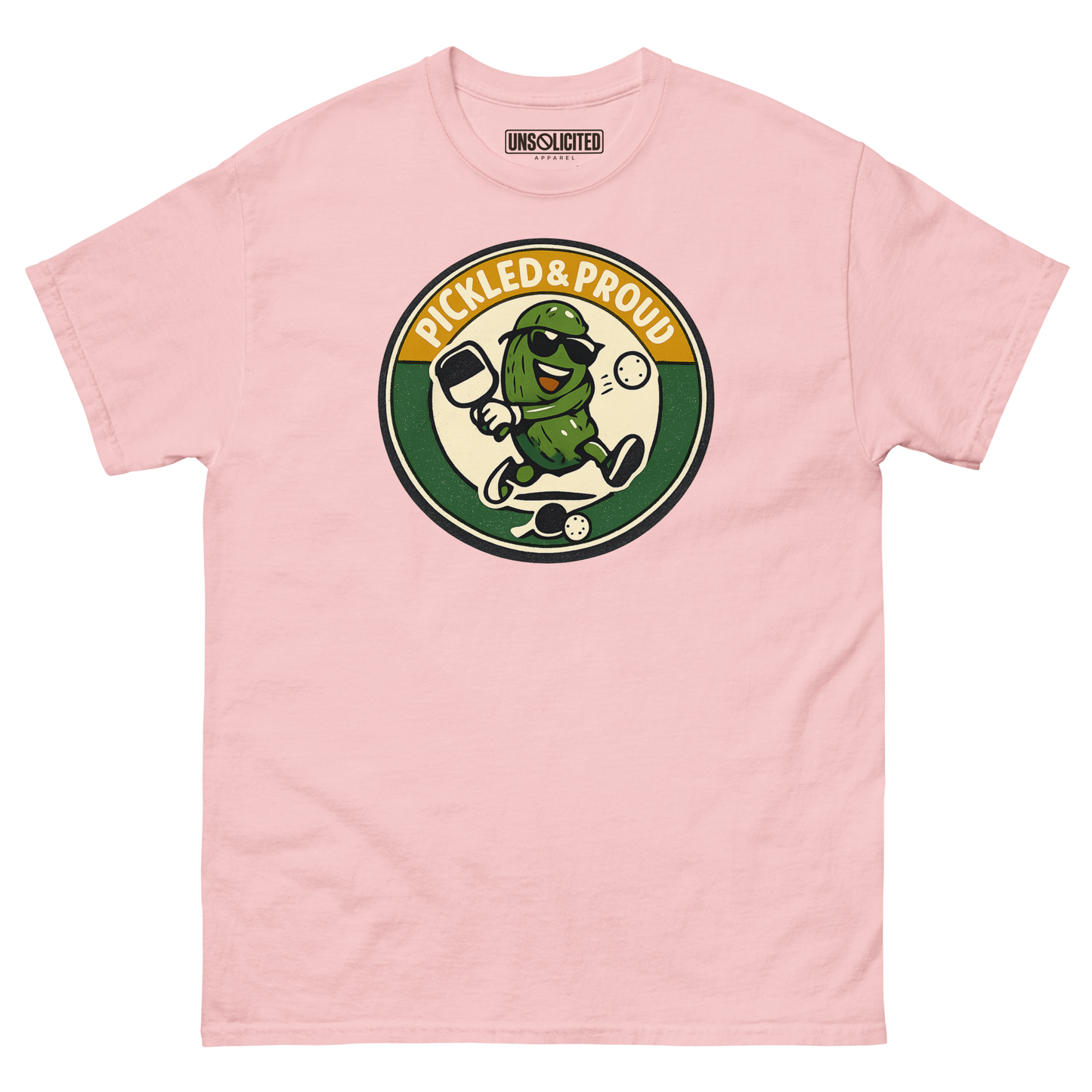 Pickled & Proud retro pickleball shirt in Light Pink, front view