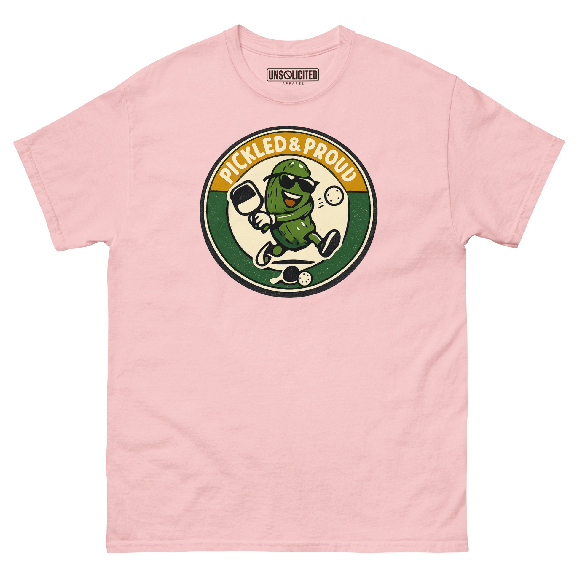 Pickled & Proud retro pickleball shirt in Light Pink, front view