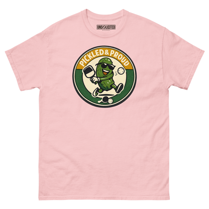 Pickled & Proud retro pickleball shirt in Light Pink, front view