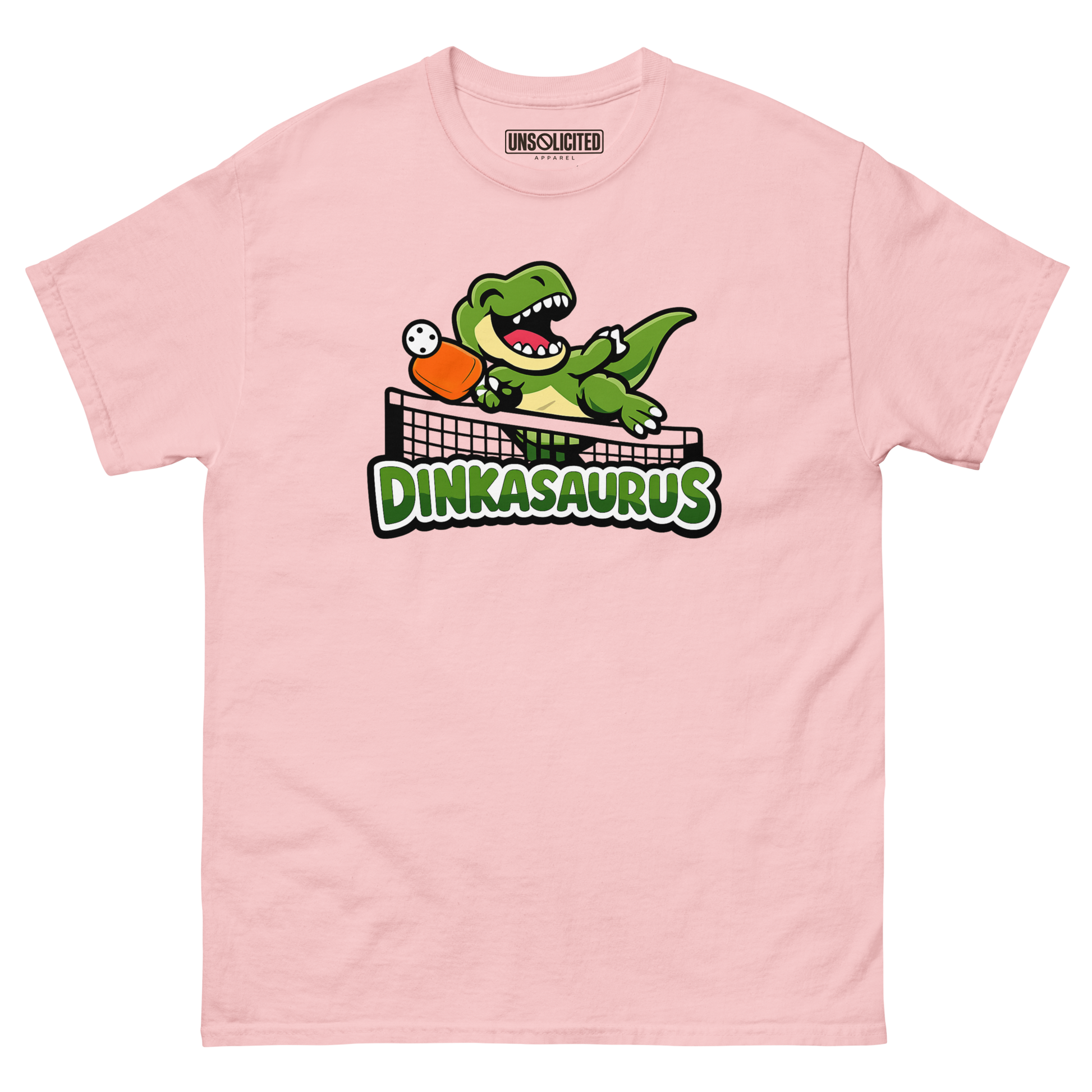 Dinkasaurus funny pickleball dinosaur shirt in Light Pink, front view