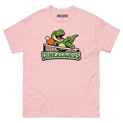 Dinkasaurus funny pickleball dinosaur shirt in Light Pink, front view