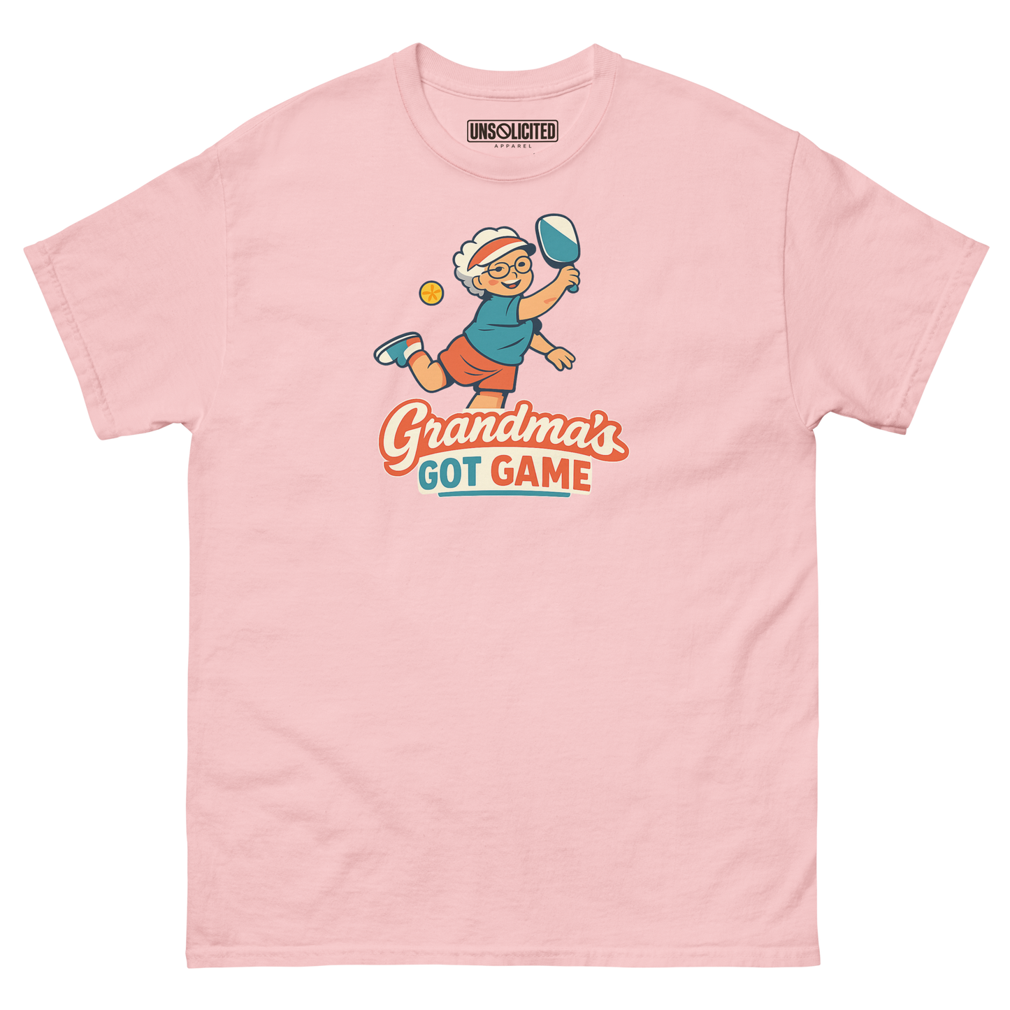 Grandma's Got Game funny pickleball shirt in Light Pink, front view
