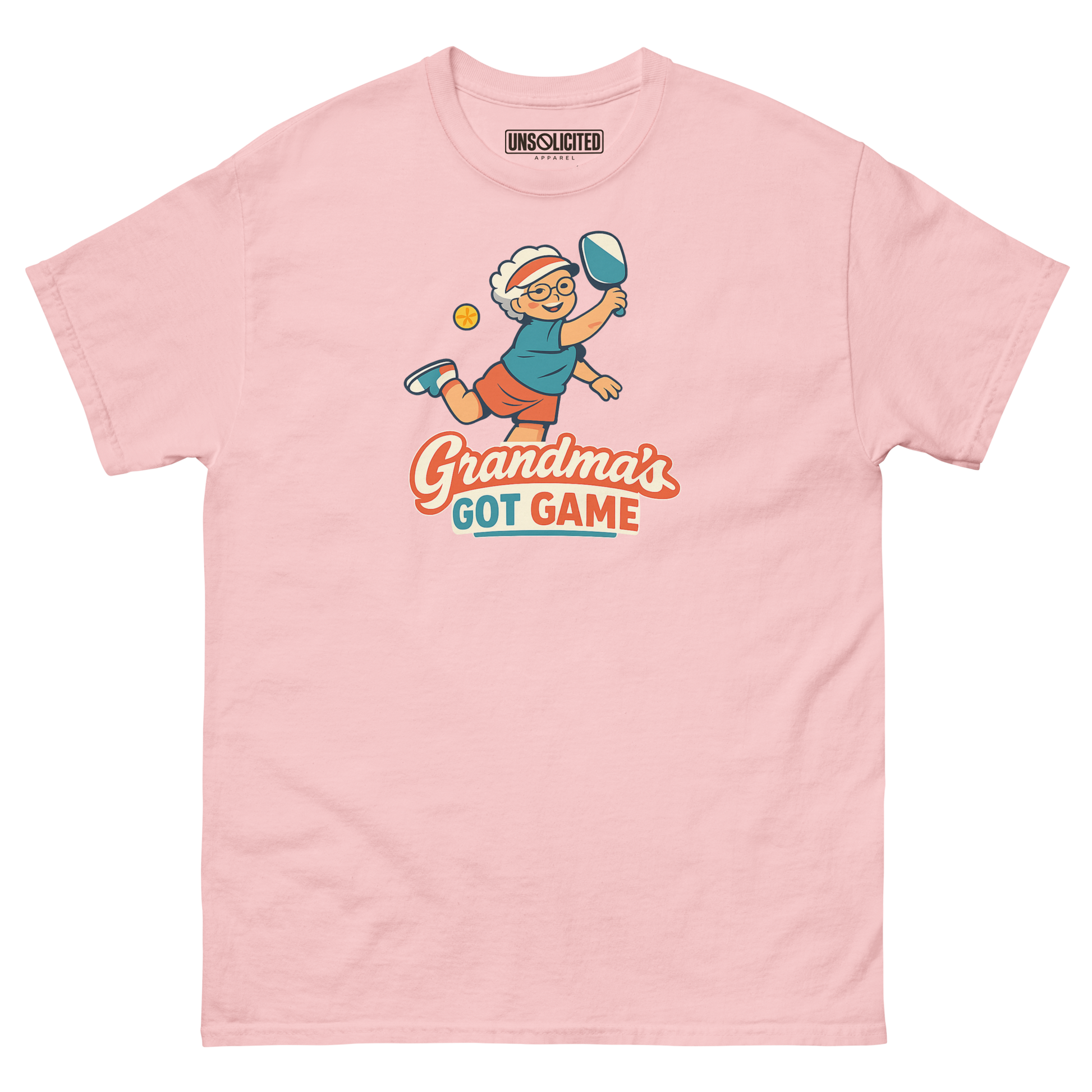 Grandma's Got Game funny pickleball shirt in Light Pink, front view