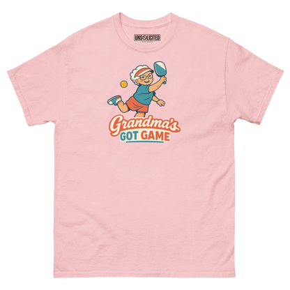 Grandma's Got Game funny pickleball shirt in Light Pink, front view