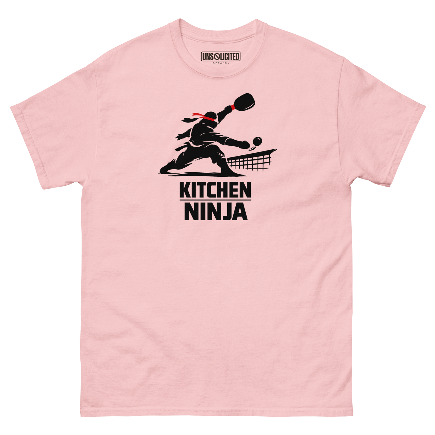 Kitchen Ninja funny pickleball shirt in Light Pink, front view
