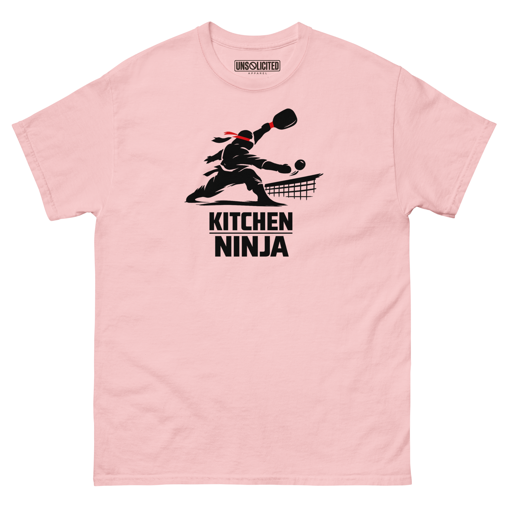 Kitchen Ninja funny pickleball shirt in Light Pink, front view