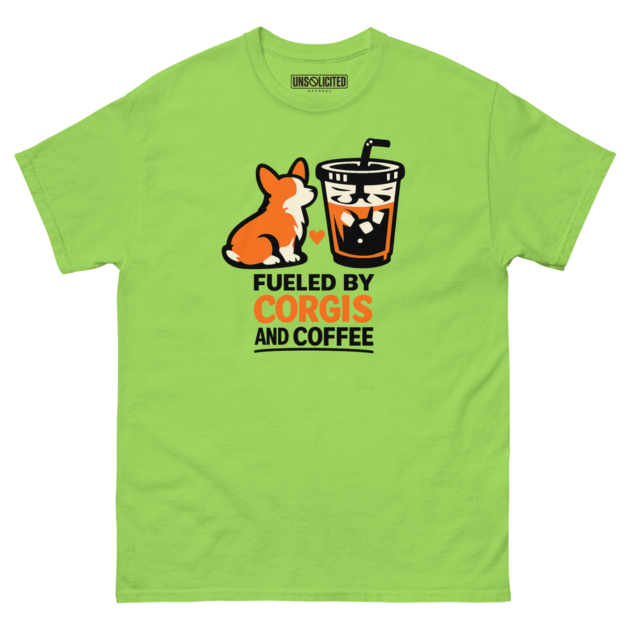 Fueled by Corgis and Coffee Shirt in Lime, front view