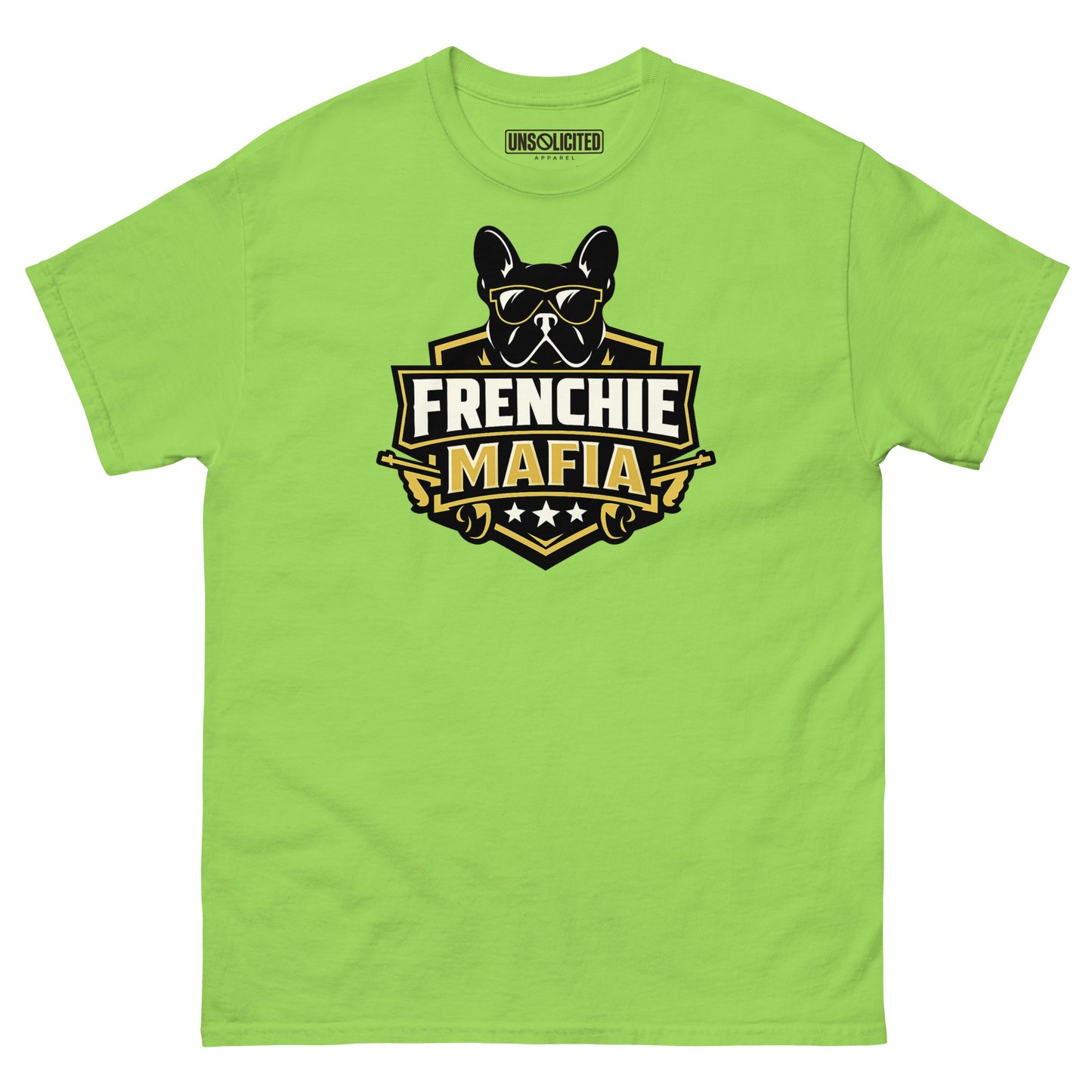 Frenchie Mafia funny French Bulldog shirt in Lime, front view