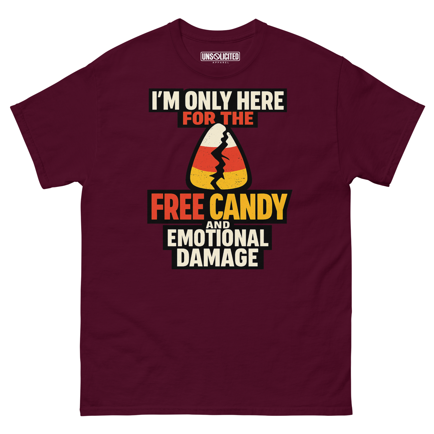 Free Candy and Emotional Damage funny Halloween shirt in maroon, front view