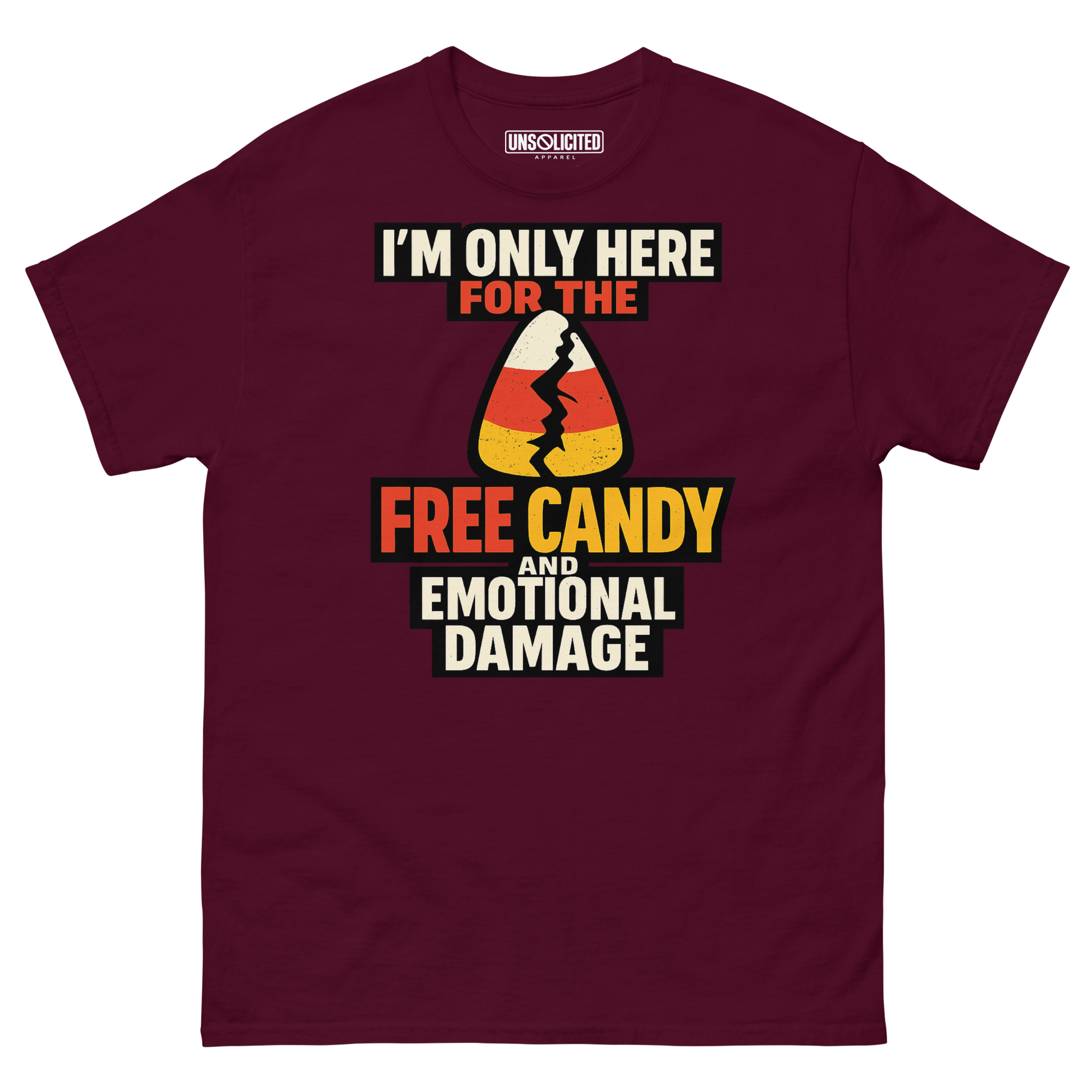 Free Candy and Emotional Damage funny Halloween shirt in maroon, front view