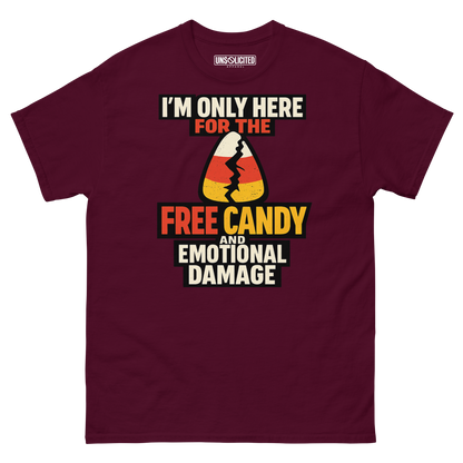 Free Candy and Emotional Damage funny Halloween shirt in maroon, front view