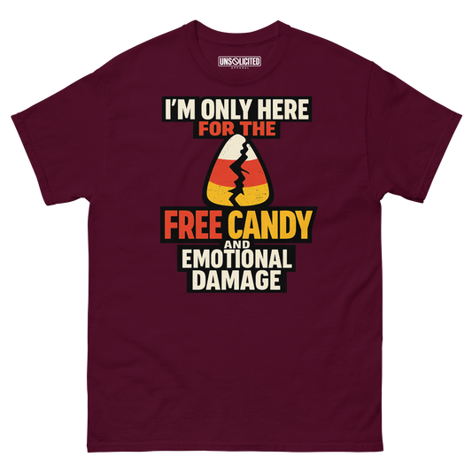 Free Candy and Emotional Damage funny Halloween shirt in maroon, front view