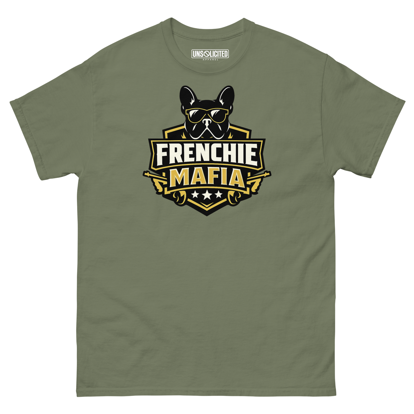 Frenchie Mafia funny French Bulldog shirt in Military Green, front view