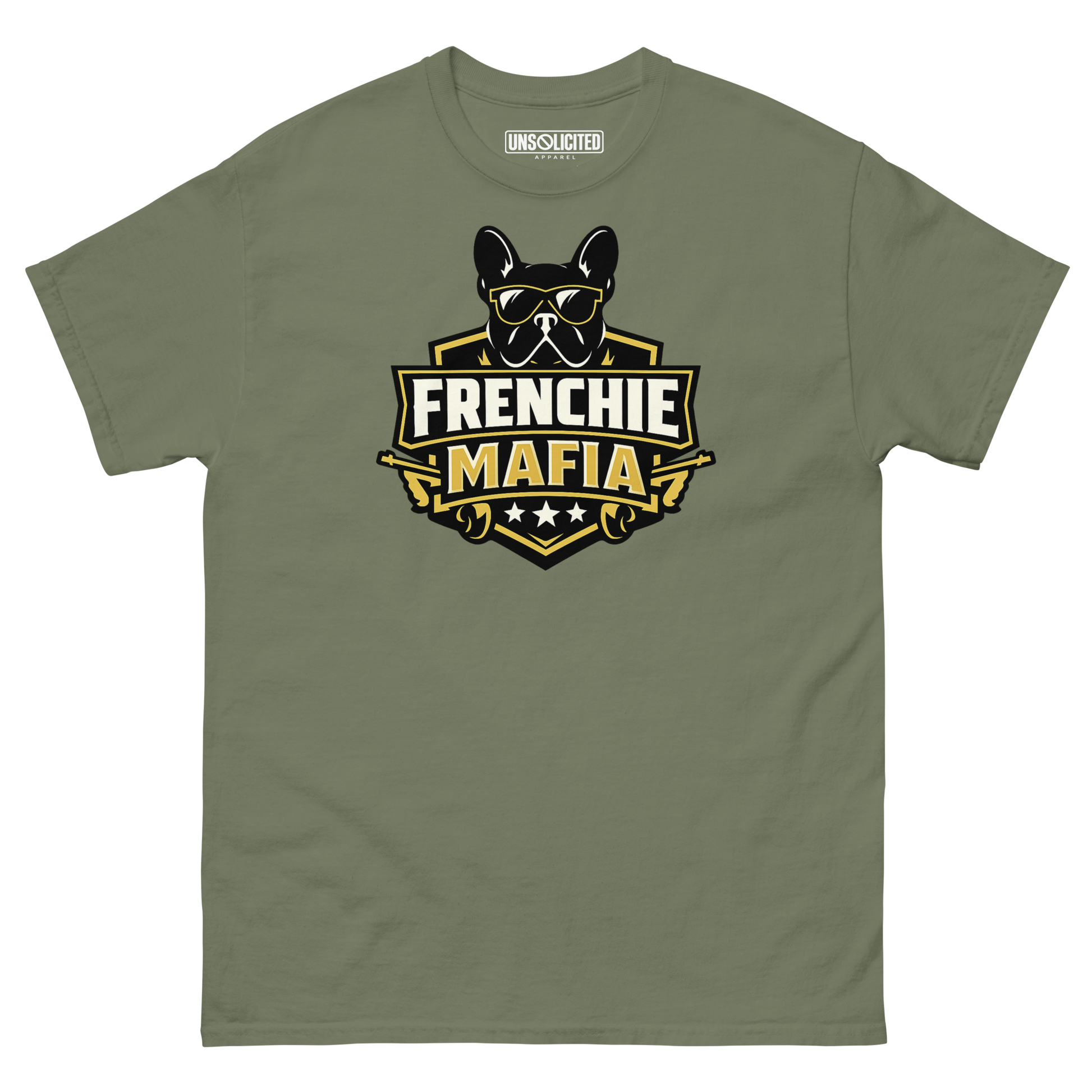 Frenchie Mafia funny French Bulldog shirt in Military Green, front view