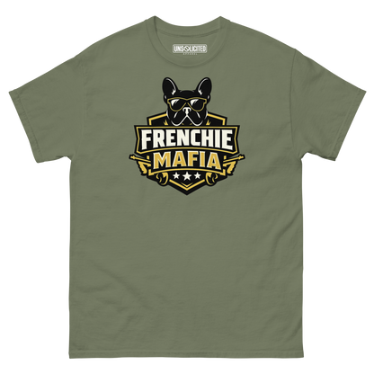 Frenchie Mafia funny French Bulldog shirt in Military Green, front view