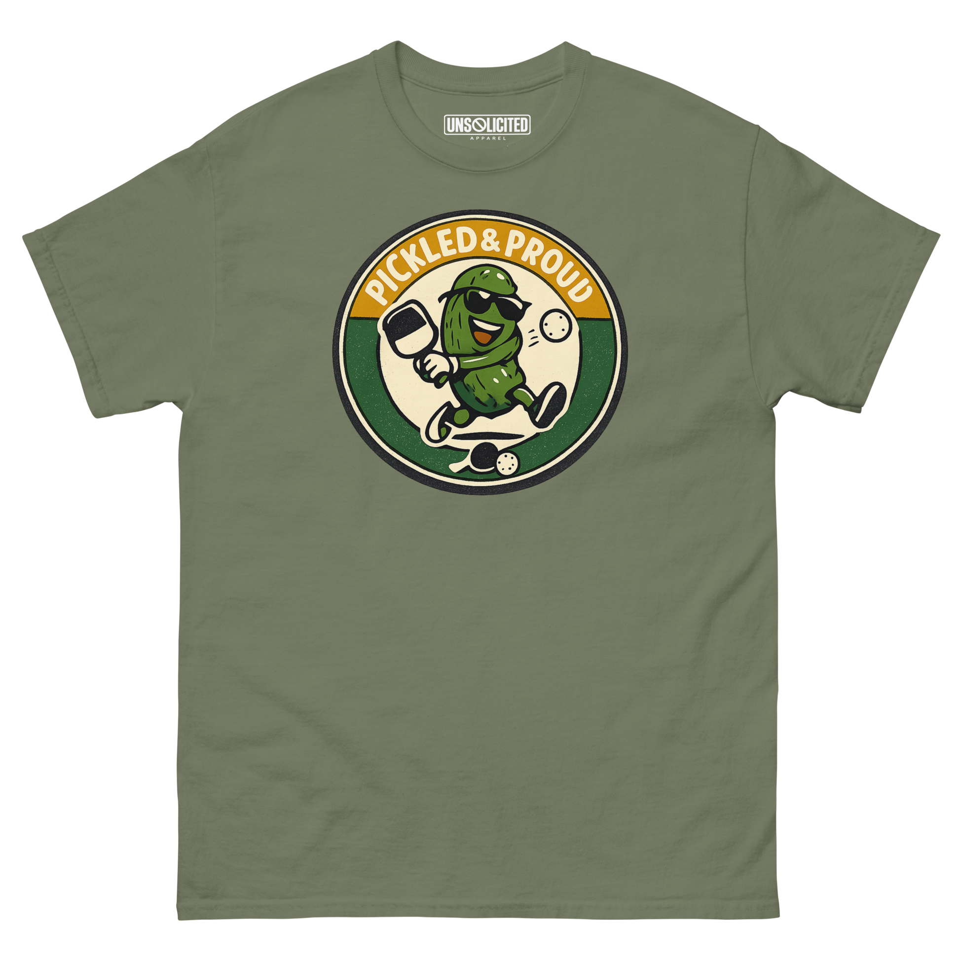 Pickled & Proud retro pickleball shirt in Military Green, front view
